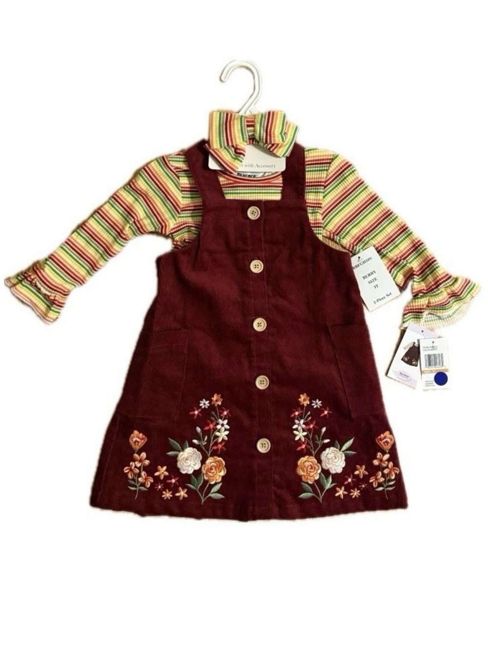 Bluberi Boulevard Little Girl Corduroy Dress & Coordinating Striped Top